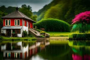 a red house sits on the edge of a lake. AI-Generated photo