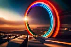 a colorful ring is shown in front of a mountain. AI-Generated photo