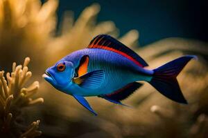 un azul y rojo pescado nadando en el océano. generado por ai foto
