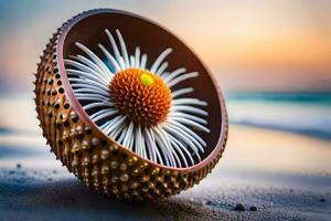 a flower in a shell on the beach. AI-Generated photo