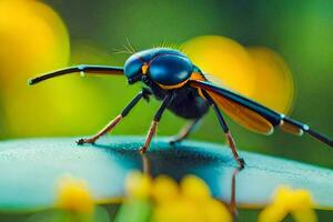 a black and orange insect with yellow flowers. AI-Generated photo