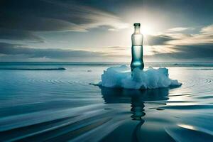 a bottle of water sits on an iceberg in the ocean. AI-Generated photo