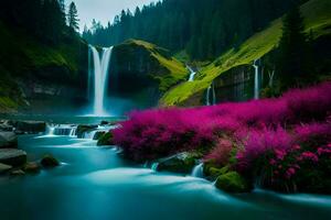 un hermosa cascada con rosado flores en el primer plano. generado por ai foto