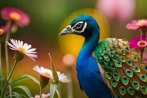 a peacock is standing in a field of flowers. AI-Generated photo