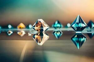 a group of diamonds are reflected in water. AI-Generated photo