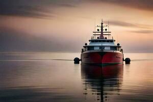 a red boat is floating in the water. AI-Generated photo