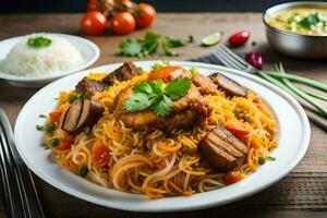 un plato de comida con carne, arroz y vegetales. generado por ai foto