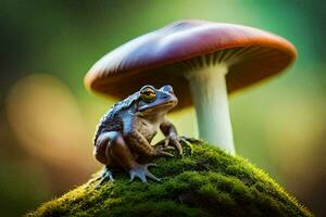 a frog sits on top of a moss covered rock. AI-Generated photo