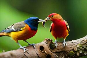 two colorful birds are standing on a branch. AI-Generated photo