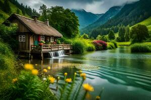 photo wallpaper water, mountains, flowers, cottage, house, water, mountains, house, water. AI-Generated