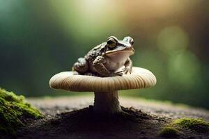 a frog sits on top of a mushroom in the forest. AI-Generated photo