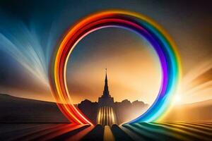 un arco iris de colores circulo con un Iglesia en el antecedentes. generado por ai foto