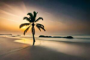 a palm tree stands alone on a beach at sunset. AI-Generated photo