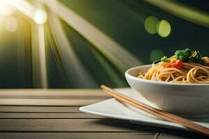 a bowl of noodles with chopsticks on a wooden table. AI-Generated photo