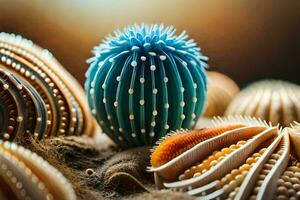 a close up of a sea urchin with shells around it. AI-Generated photo
