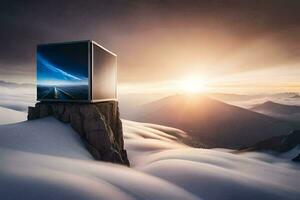 a cube sitting on top of a mountain with clouds in the background. AI-Generated photo