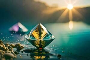 a diamond is sitting on the water with the sun shining. AI-Generated photo