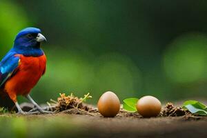 a colorful bird is standing next to an egg. AI-Generated photo