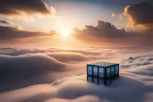 un cubo flotante en el nubes a puesta de sol. generado por ai foto