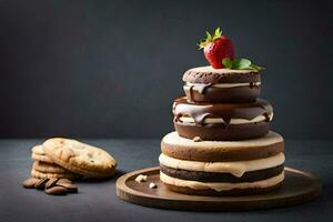 a stack of chocolate cake with strawberries and cookies. AI-Generated photo
