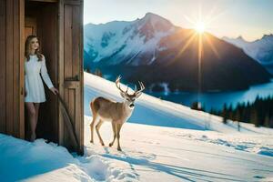 a woman in a white dress stands in front of a deer in the snow. AI-Generated photo