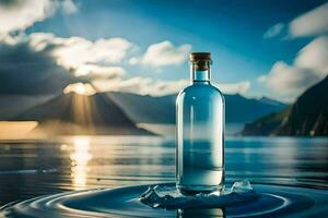 a bottle of water sits on the water with mountains in the background. AI-Generated photo