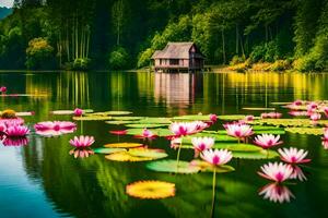 pink lotus flowers in the water with a house in the background. AI-Generated photo