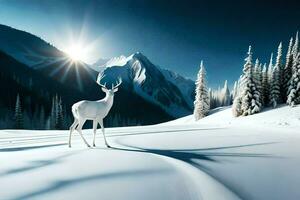 a white deer stands in the snow in front of a mountain. AI-Generated photo