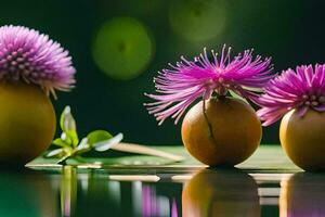 three purple flowers sit in two small vases. AI-Generated photo