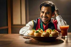 a man smiling while sitting at a table with food. AI-Generated photo