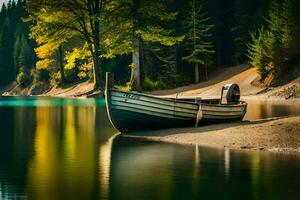 un barco se sienta en el apuntalar de un lago. generado por ai foto