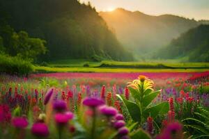 the sun is setting over a field of flowers. AI-Generated photo