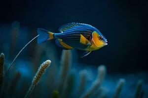 a fish with blue and yellow stripes on its body. AI-Generated photo