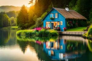 photo wallpaper water, lake, house, house, lake, house, house, lake, house. AI-Generated