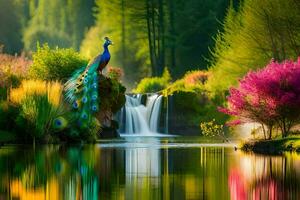 a peacock stands on a rock near a waterfall. AI-Generated photo