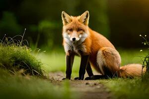 a red fox sitting on the ground in the grass. AI-Generated photo