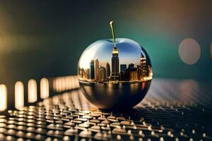 an apple with a city in the reflection. AI-Generated photo