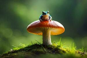 a frog sits on top of a mushroom. AI-Generated photo