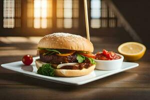 a hamburger with ketchup and pickle on a white plate. AI-Generated photo