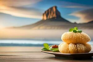 a plate with two pastries on it and a mountain in the background. AI-Generated photo