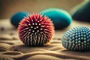 a close up of two colorful spiky balls. AI-Generated photo
