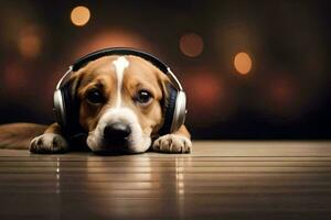 a dog wearing headphones on a wooden floor. AI-Generated photo