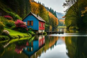 colorful house on the water in the middle of a lake. AI-Generated photo