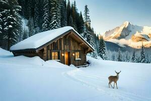 a deer stands in front of a cabin in the snow. AI-Generated photo