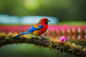 a colorful bird sits on a branch with pink flowers. AI-Generated photo