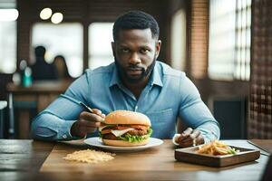 a man eating a burger and fries. AI-Generated photo