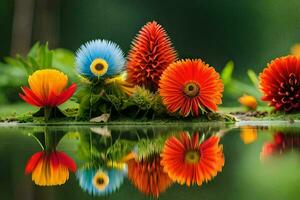 colorful flowers are reflected in the water. AI-Generated photo