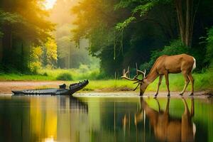 a deer and a boat are standing in the water. AI-Generated photo