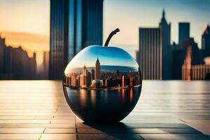 a cityscape is reflected in an apple. AI-Generated photo
