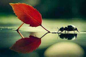 a bug is sitting on the water with a leaf. AI-Generated photo